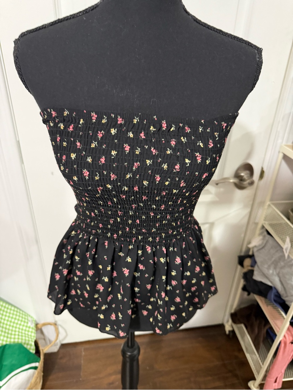 Smocked Black Floral Strapless Peplum Top